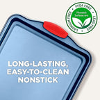 NutriChef Nonstick 3-Piece Baking Pans Set – Carbon Steel Bakeware with Blue Coating Inside & Outside and Red Silicone Handles, Durable and Reliable, Effortless Baking and Easy Cleanup (Blue)