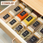 ComSaf Spice Jars with Labels 8 oz 16Pack, Small Spice Containers Starter Set, Glass Seasoning Jars with Lids, Square Seasoning Containers for Salt, Pepper, Chili Powder, Sugar, Loose Tea Storage