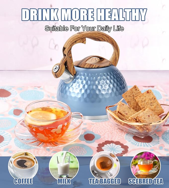 Stainless Steel Tea Kettle Blue, Teapot 3.2 Quart Whistling Tea Kettle, Tea Pots for Stove Top with Wood Pattern Handle, Gas Electric Applicable