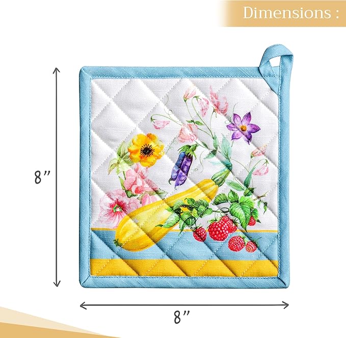 Maison d' Hermine Pot Holders Set 100% Cotton Heat Resistant Potholders 8" x 8" Hot Pads with Loop BBQ, Cooking, Baking, Grilling, Kitchen, Handling Hot Pans Spring/Summer (Pack of 2, Giverny)