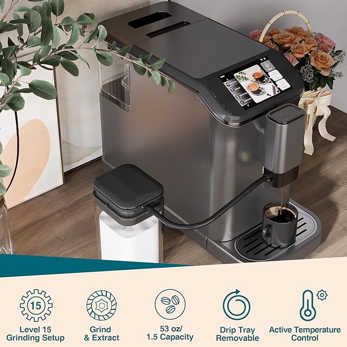 GarveeLife Espresso Machine with Built-in Grinder, 20Bar Pressure & Automatic Milk Frother, One-Touch Operation for Lattes and Cappuccinos, Compact Design for Home or Office Use