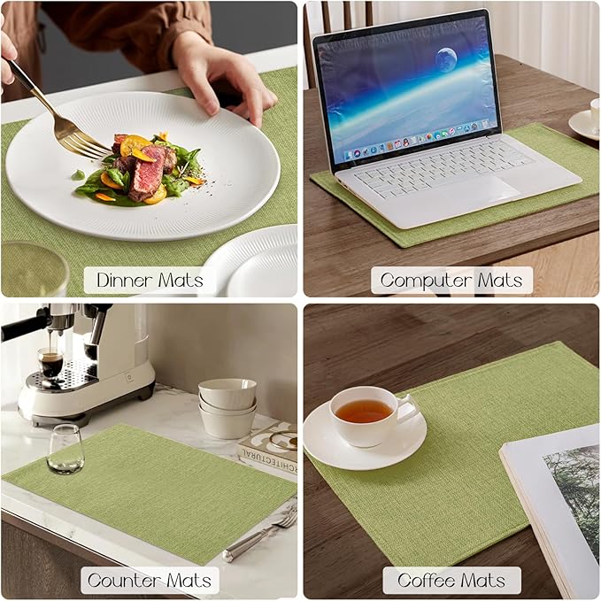 Romanstile Cloth Placemats Set of 6-12 x 18 Inch, Heat Resistant Double Layered Thickened Burlap Place Mats, Washable Faux Linen Farmhouse Table Mats for Kitchen/Dining/Party/Outdoor, Green
