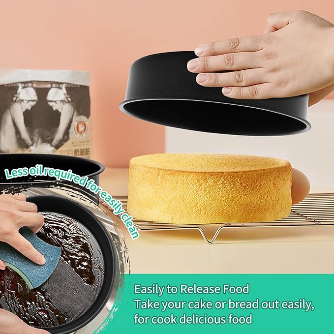 P&P CHEF Non-stick Cake Pan Set of 2, 9.5 Inch Round Baking Cake Pans Tins for Tier Smash Cakes, Non-Toxic & Solid, Stainless Steel Core & Leak-Proof, 2Pcs