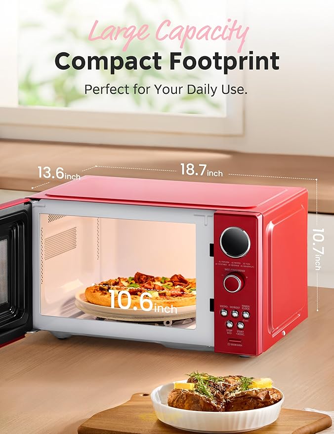 COMFEE Retro Ovens, Small 9 Preset Programs, 0.9 cu.ft Countertop Compact Microwaves with Multi-Stage Cooking, Mute Function, LED Digital, Red/900W, CMO-MMP02AA(RD), Red