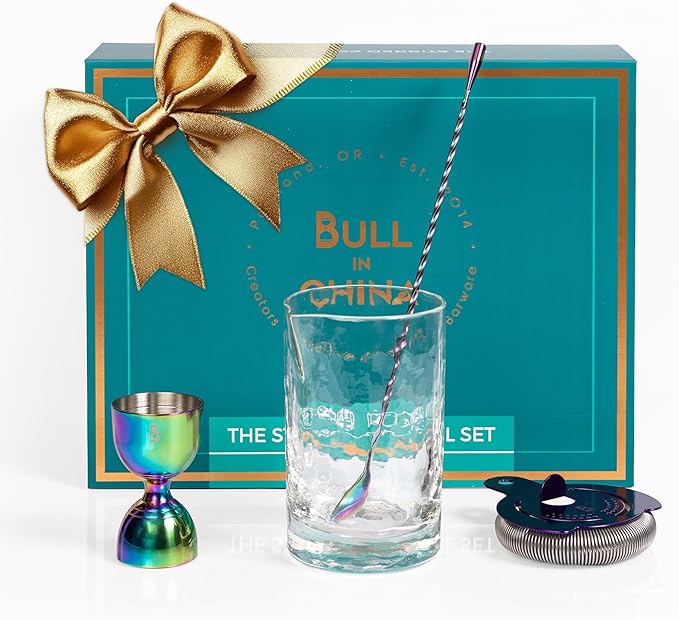 4 Piece Cocktail Kit by Bull In China - Premium Bartender Gift Set Includes Flagship Mixing Glass, 12 inch Barspoon, Bell Jigger & Hawthorne Strainer For Professional & Home Bars (Rainbow Chrome)
