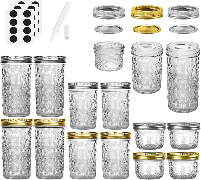 SPANLA 12 Pack Glass Mason Canning Jars With Regular Lids, Ideal for Jam, Jelly, Honey, Wedding Favors, Shower Favors, Baby Foods DIY Spice Jars - 4 OZ x 4, 8 OZ x 4, 12 OZ x 4