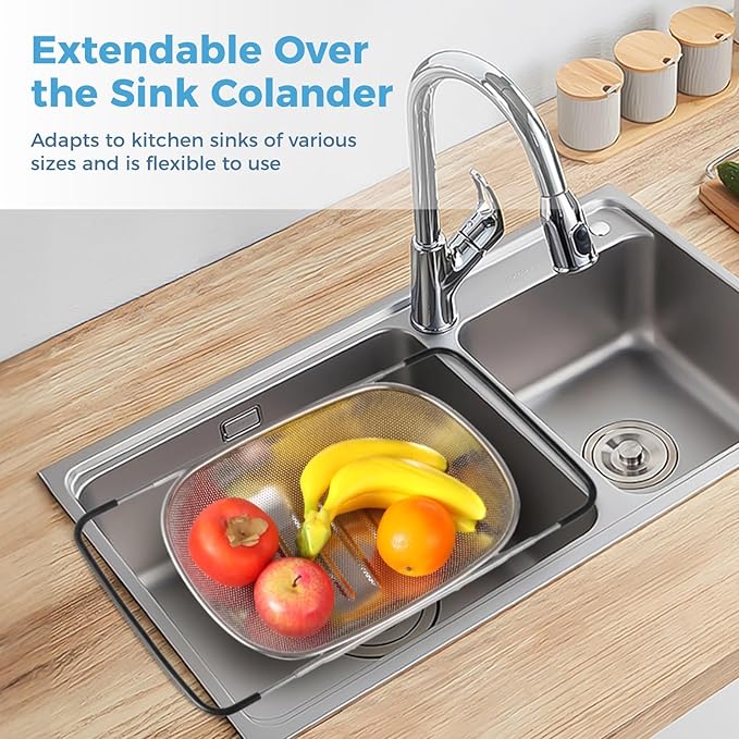 2 Pcs Over the Sink Colander, Strainers and Colanders for Kitchen Sink Strainer Basket with Expandable Handles Stainless Steel Strainer,Pasta Vegetable Food Fruit Strainer