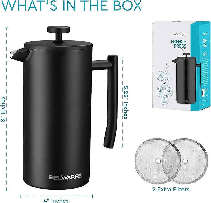 Belwares French Press Coffee Maker 34 Oz - Insulated Coffee Press Stainless Steel 304 - Double Wall & 4 Level Filtration System (1 Liter) - Black