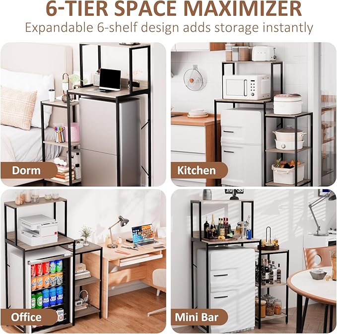Mini Fridge and Microwave Stand over Refrigerator Storage Shelf with Power Outlet, 5 Tiers Adjustable Bakers Rack Cabinet Coffee Bar Appliance Storage Organizer for Dorm Office Kitchen, Gray