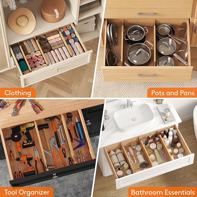 Lifewit 4 Pack Drawer Dividers Bamboo 5" High, 16-22" Adjustable Clothes Drawer Organizers, Expandable Dresser Separators in Bedroom/Bathroom/Kitchen/Office Organization and Storage