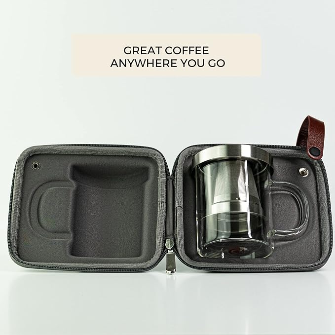 Travel Glass Pour Over Coffee maker Set 4pcs (Gray) | 18/2 Stainless Steel Filter Dripper and Lid | BPA Free Borosilicate Glass Mug | Paperless Drip Coffee Maker Pour Over For Coffee Lovers