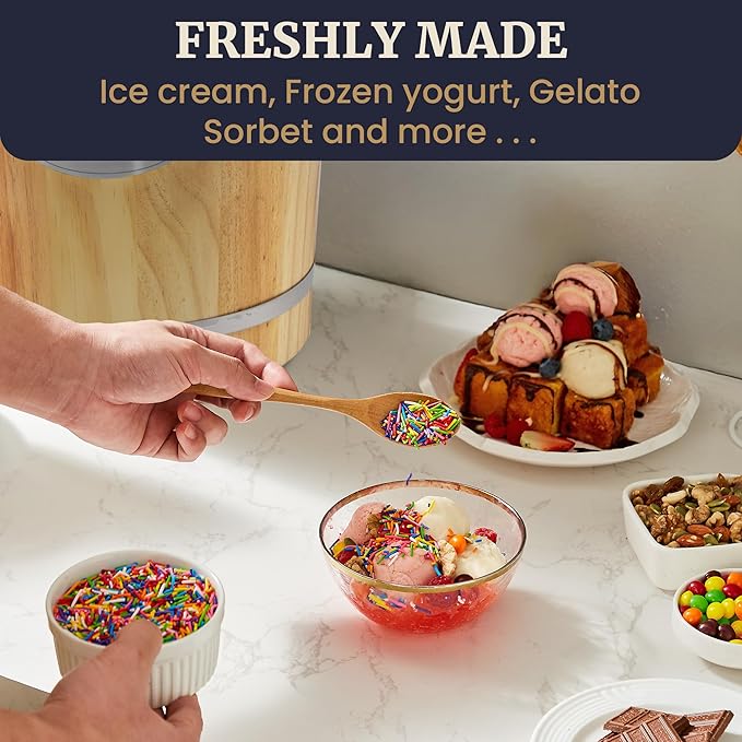 Elite Gourmet Old Fashioned 6 Quart Vintage Appalachian Wood Bucket Electric Ice Cream Maker Machine, *Bonus Classic Die-Cast Hand Crank for Churning, Uses Ice and Rock Salt Churns Ice Cream in Minute