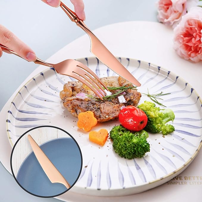 Lemeya 20-Piece Rose Gold Silverware Set for 4,Modern 18/10 Stainless Steel Flatware Set,Unique Rustic Cutlery Utensils Set,Spoon and Fork Set for Home, Restaurant,Mirror Polished,Dishwasher Safe