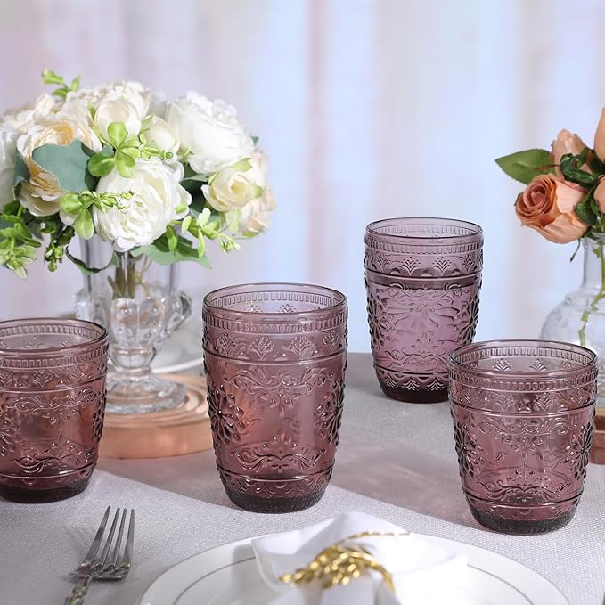 6Pcs 14OZ Drinking Glasses, Purple Drinking Glasses, Colored Glassware Drinking, Highball Beverage Glasses Cup, Vintage Glassware Set for Water, Juice, Cocktail, Coffee