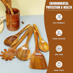 Wooden Spoons for Cooking Utensils, Natural Teak Wooden Cooking Spoons with Nonstick Spatula Set, Bamboo Kitchen Utensils With Holder, Wood Spoon Set for Kitchen Essentials (9)