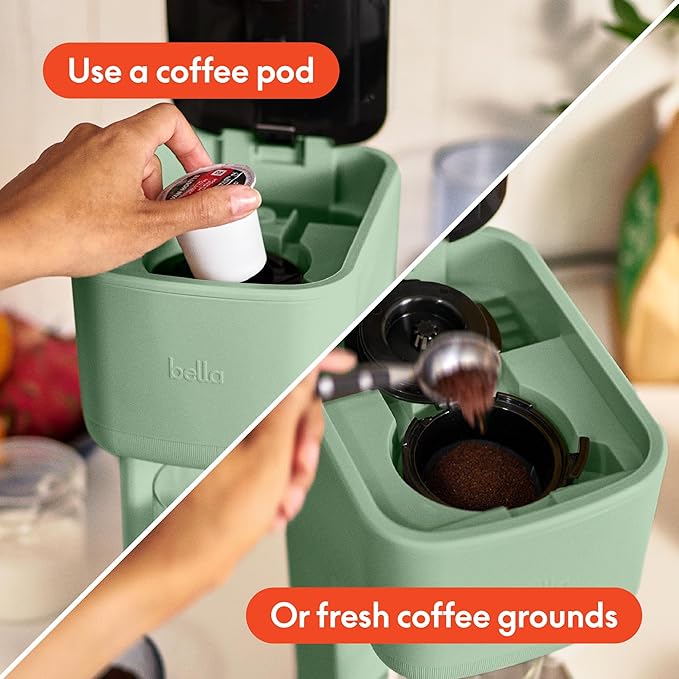 BELLA Single Serve Coffee Maker, K Cup & Coffee Ground Compatible with Removable, Adjustable Drip Tray, Auto Shutoff & Reusable Dishwasher Safe Accessories, Brews 6oz to 14oz, 1000 Watt, Seaglass