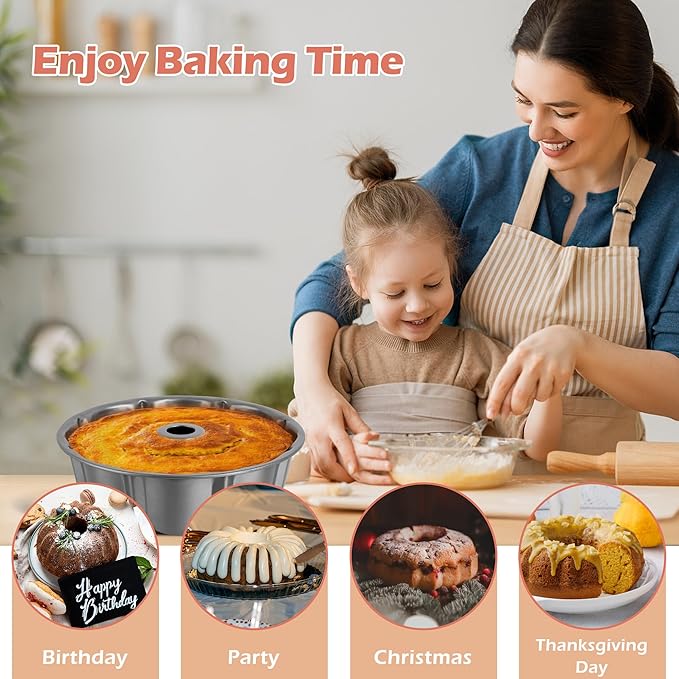 E-far 2 Packs Fluted Cake Pan, 10 Inch Nonstick Tube Pan for Baking Pound Cake, Heavy Duty Carbon Steel Round Baking Mold, Easy Release & Easy to Clean, 10 Cup, Gray