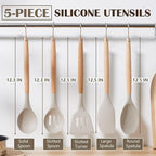 E-far Silicone Cooking Utensils Set, 5-Piece Kitchen Utensils Set with Wooden Handle for Cooking, Silicone Kitchen Nonstick Tools Spatula Turner Slotted Spoons, Nontoxic & Heat Resistant-Khaki