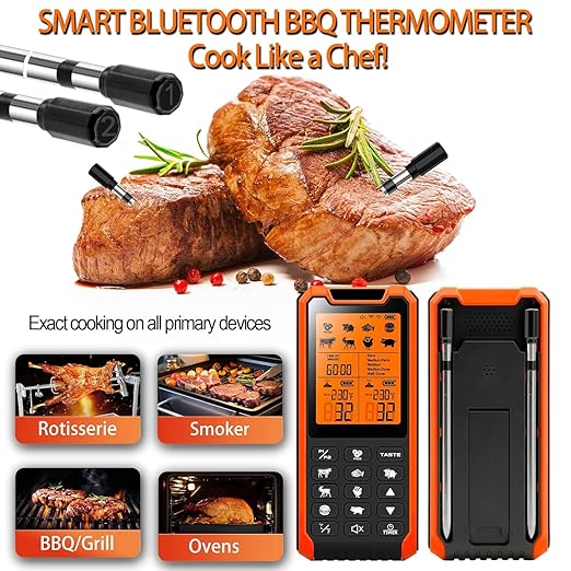 Smart Bluetooth Meat Thermometer - Long Range Wireless Food Thermometer, Digital Meat Thermometer with Dual Probes for BBQ Grill, Oven, Smoker, Air Fryer