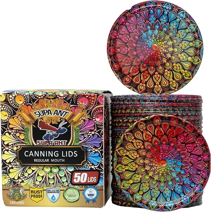 Supa Ant Thickest Canning Lids Regular Mouth (50 Pcs.) Food Grade Tin Can Lids for Canned Food - Buckle Proof & Rust Proof Lid for Canning Kit for Regular Mouth Mason Jars (Mandala) Canning Supplies