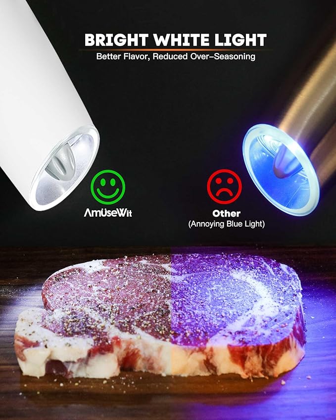 AmuseWit Gravity Electric Salt and Pepper Grinder Set [White Light] USB Rechargeable Automatic Pepper and Salt Mills,Adjustable Coarseness,One-Handed Operation, Snow White