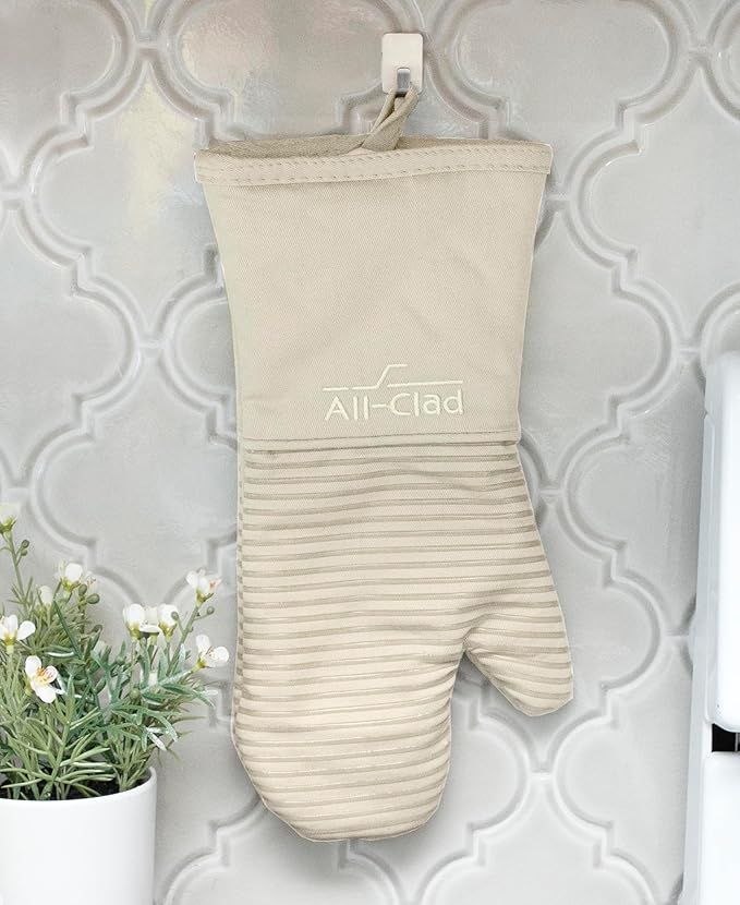 All-Clad Silicone Oven Mitts: Heat Resistant up to 500 Degrees - 100% Cotton & Silicone, 14"x7" Oven Mitt for Kitchen and Barbeque, 2-Pack, Almond