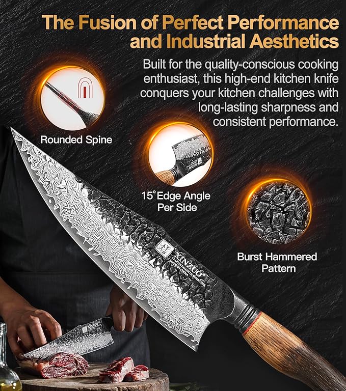 XINZUO 8.6 inch Professional Damascus Chefs Knife,67 Layers Damascus Steel Kitchen Knife,10Cr15CoMoV Steel Core,Very Sharp for Vegetables Meat Cutting for Home Kitchen,Burnt White Oak Wood Handle