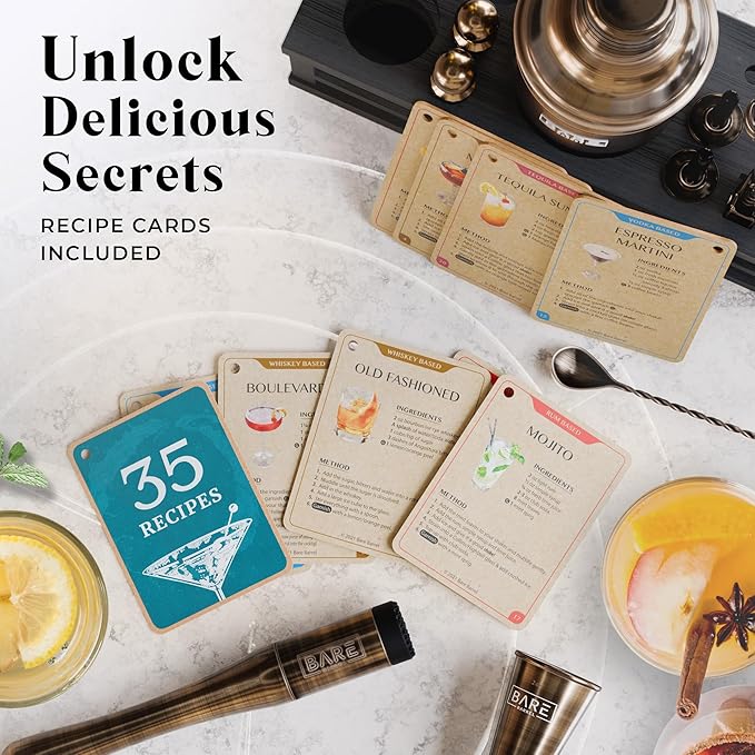 BARE BARREL® Mixology Bartender Kit Bar Set | 16-Piece Cocktail Shaker Set | Martini Barware Mixing Tools for Home Bartending | Incl. 35 Recipe Cards | Gift Set (24oz Cobbler Shaker, Brass/Black)