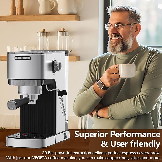 VEGETA Espresso Machine with Milk Frother, Small Coffee Maker 20 Bar with 40oz Removable Water Tank, Stainless Steel Coffee Machine for Cappuccino & Latte, Silver