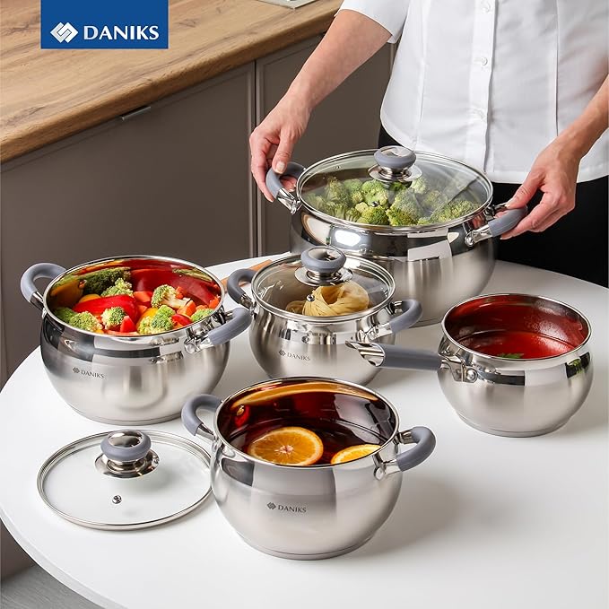 Daniks Modern 2 Quart Stainless Steel Stock Pot with Glass Lid, Tri-Ply Bottom for Even Heating, Induction Compatible, Dishwasher Safe, Heatproof Handles