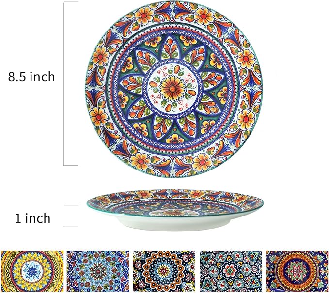 glowworm Salad Plates Set of 6, 8.5 Inch Ceramic Dinner Plates, Colorful Bohemian Dessert Plates Set for Kitchen, Restaurant, Housewarming Gift, Microwave, Oven and Dishwasher Safe