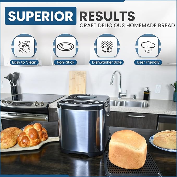 Culinary chef Bread Maker Machine with Nonstick Bowl, Bread Hook, Measuring Cup & Spoon. 15-in-1, Gluten-Free Bread, Cake& Yogurt, 3 Crust Colour options and more. 3 Loaf Sizes. 2LB XL-BLACK