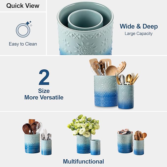 LOVECASA Utensil Holder, 7.2"+5.4" Ceramic Utensil Holder for Countertop, Large Cooking Utensil Crocks for Kitchen Counter, Farmhouse Utensil Vase for Housewarming, Kitchen Decor, Set of 2, Oceans