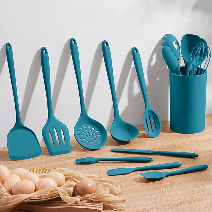 Homikit Silicone Cooking Utensils Set, 15-Piece Nonstick and Heat Resistant Kitchen Utensil Spatula Set with Holder, Kitchen Gadgets Home Essentials & Pots and Pans Accessories, Blue