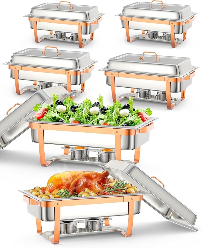 Chafing Dish Buffet Set, 8QT 6 Pack, Rectangle Chafing Dishes for Buffet w/Lid Holder, Stainless Steel Chafer Food Warmers Servers with Spoon and Tweezers for Kitchen Party Banquet Dining, Rose Gold