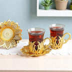 Alisveristime (Set of 2 Turkish Tea Set with Zamac Holders, Glass Cups, and Saucers – Ahsen Ottoman Design, 100ml Capacity, Available in Gold or Silver Color (Gold)