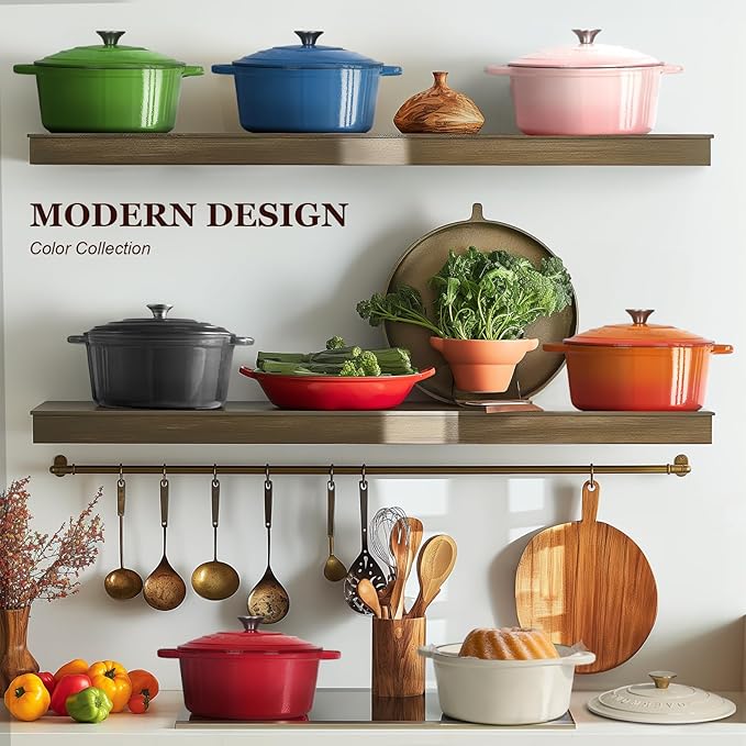 Overmont Enameled Cast Iron Dutch Oven - 7QT Pot with Lid Cookbook & Cotton Potholders - Heavy-Duty Cookware for Braising, Stews, Roasting, Bread Baking pink