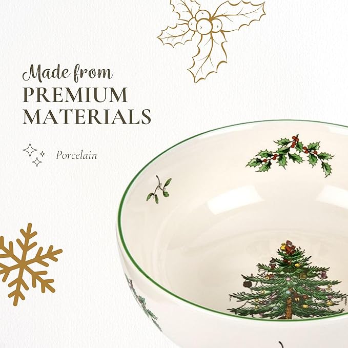 Spode Christmas Tree Individual Fruit Bowl - 7 Inch Porcelain Oatmeal, Salad, Soup, Cereal, Breakfast, Dessert Bowl - Durable, Stackable, Microwave & Dishwasher Safe - Decorative Holiday Design