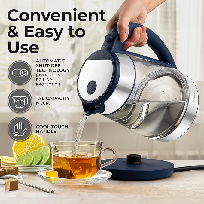 Zulay Kitchen Fast Boiling Electric Water Kettle - 1.7L, 1500W, Auto Shut-Off for Overboil & Boil Dry Protection, Cool-Touch Handle, 360° Base - Rapid Teapot Boiler For Coffee & Tea - Navy