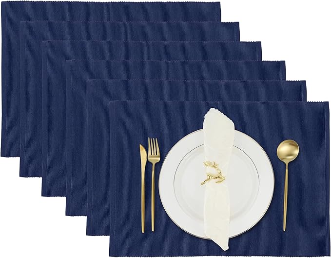 Blue Depths Placemats Set of 6, Cotton Ribbed Tabletop, Non-Slip Wrinkle Free Kitchen Table Mats for Dining Table, 13x19 Inch