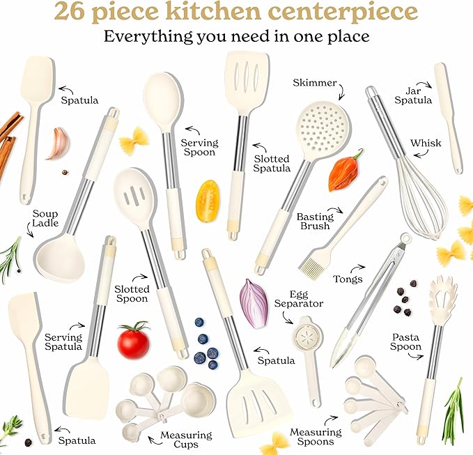 SMIRLY Kitchen Utensils Set, 26PCS Silicone Cooking Utensils Set, Spatula Set with Holder, Stainless Steel Kitchen Gadgets for Home and Kitchen