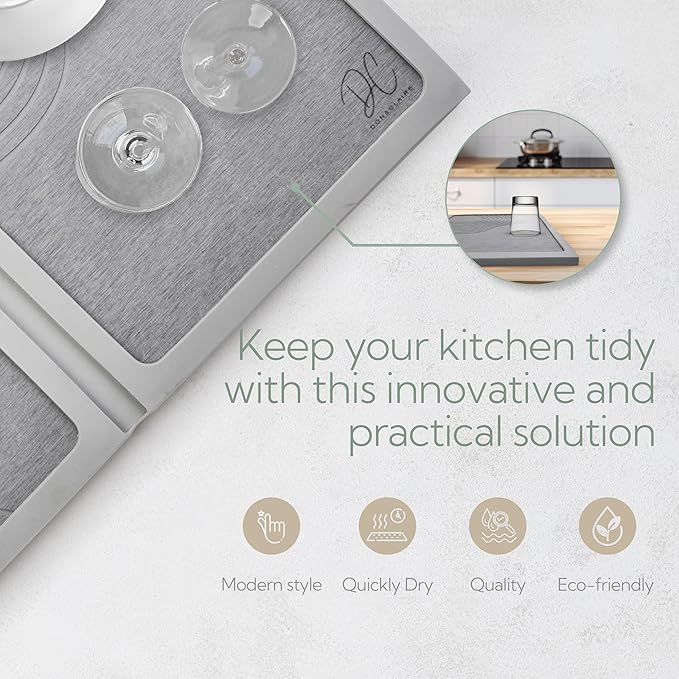 DON & CLAIRE Stone Dish Drying Mat for Kitchen Counter - Quick Drying, Super Absorbent, Non-Slip Mat for Dishes, Glassware, Fast Dry Stone Mat for Kitchen Sink, Easy to Clean | (21.5" x 16.3", Grey)