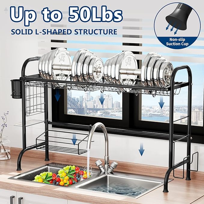 MOUKABAL Dish Drying Rack - Stainless Steel Over The Sink Dish Drying Rack (Expandable Length), Large Dish Rack with Utensil Holder, 32.3" - 33.9"(L) x 11.4"(W) x 23"(H) Black