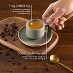 KooK Espresso Mug and Saucer Set, Ceramic Cups and Plates with Rustic Organic Shape and Feathered Texture, Dishwasher and Microwave Safe, 2.7 oz, Set of 4, Neutral Multicolor