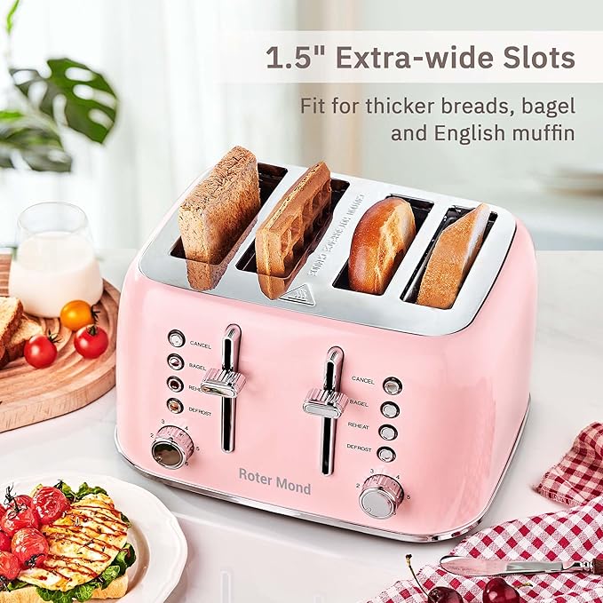 Roter Mond Toaster 4 Slice Retro Stainless Steel with Extra Wide Slots Bagel, Defrost, Reheat Function, Dual Independent Control Panel, Removable Crumb Tray, 6 Browning Levels, Pink