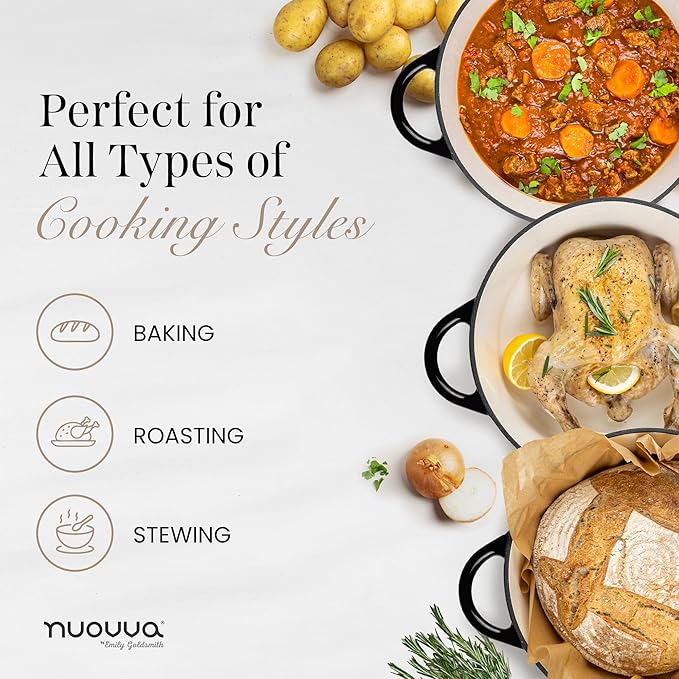 Nuovva Enamelled Cast Iron Dutch Oven Pot with Lid – 6.4 Quart Non Stick Casserole Pot – Heavy Duty & Oven Safe up to 500° F for Bread Baking, Braising, Stews, Roasting – 28cm Black