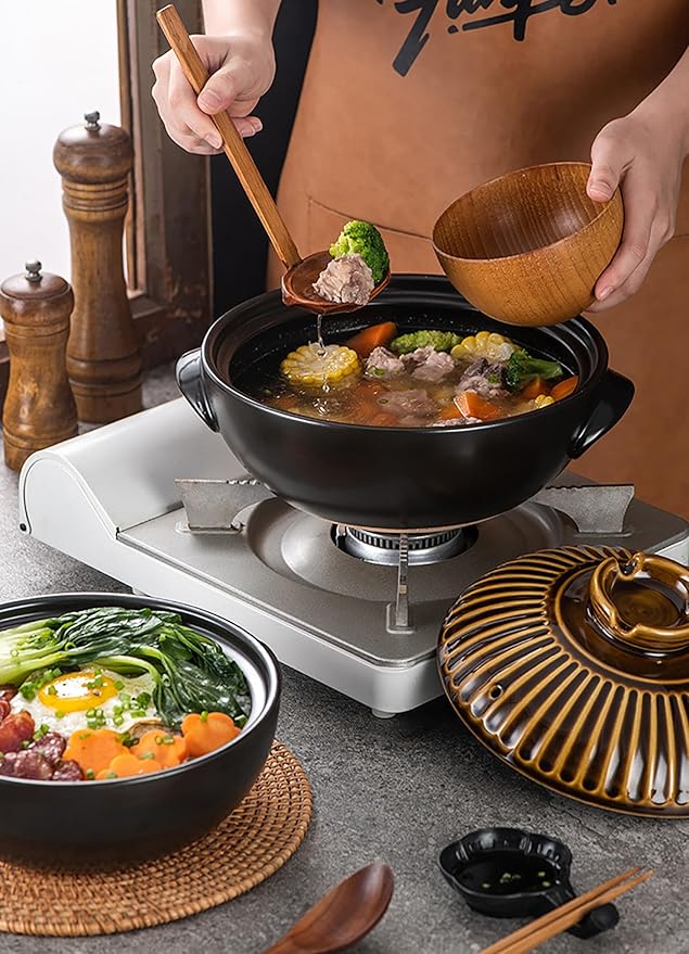 Japanese Donabe Ceramic Hot Pot Retro Heat Resistant Shallow Dutch Oven,Non-Stick Cookware Pot with Lid and Dual Handle for Cooking,Soup, Rice, Stew, Casserole, Noodle,Vintage Copper,11in