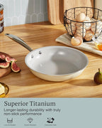 KITEXPERT Non Stick Frying Pans, Titanium Ceramic Skillet Set for Cooking, 8" 9.5" 11" Non Toxic Ceramic Pans with Stay Cool Handle, PFAS & PTFE & PFOA Free, Dishwasher and Oven Safe, Cream