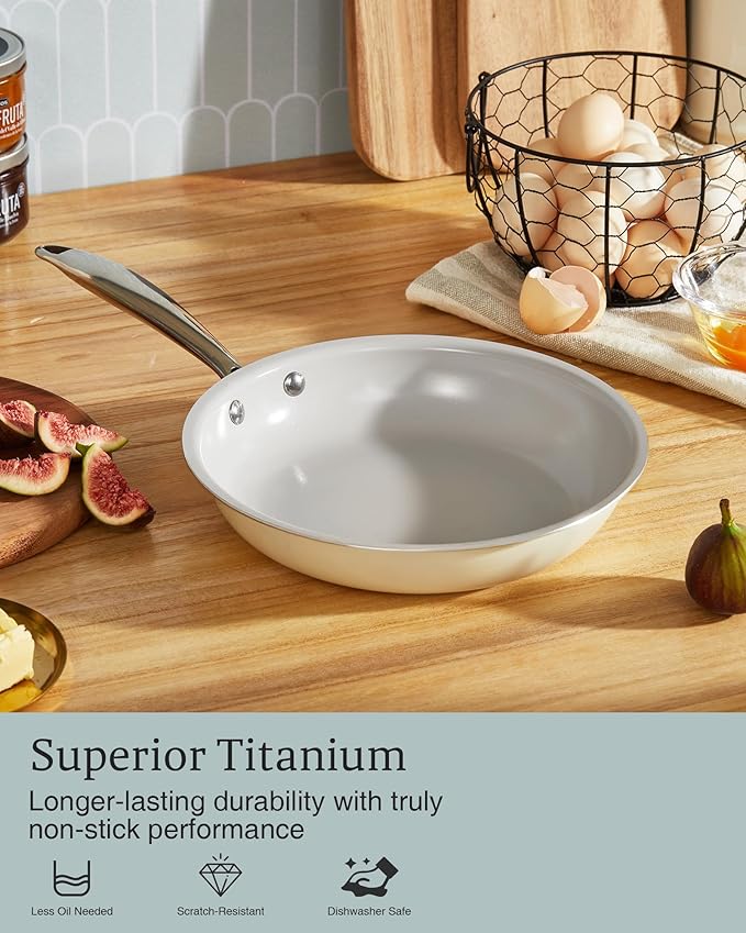 KITEXPERT Non Stick Frying Pans, Titanium Ceramic Skillet Set for Cooking, 8" 9.5" 11" Non Toxic Ceramic Pans with Stay Cool Handle, PFAS & PTFE & PFOA Free, Dishwasher and Oven Safe, Cream