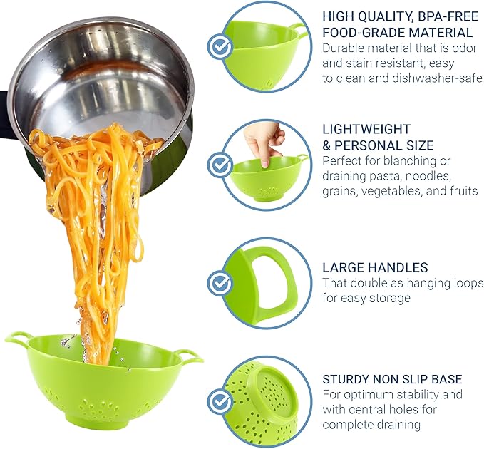 Meadow Lane 6-inch Small Colander, BPA-Free, Dishwasher Safe, Double Handles, Compact Food Strainer for Berries, Veggies and Pasta, 3-Cup Capacity, Meadow Green